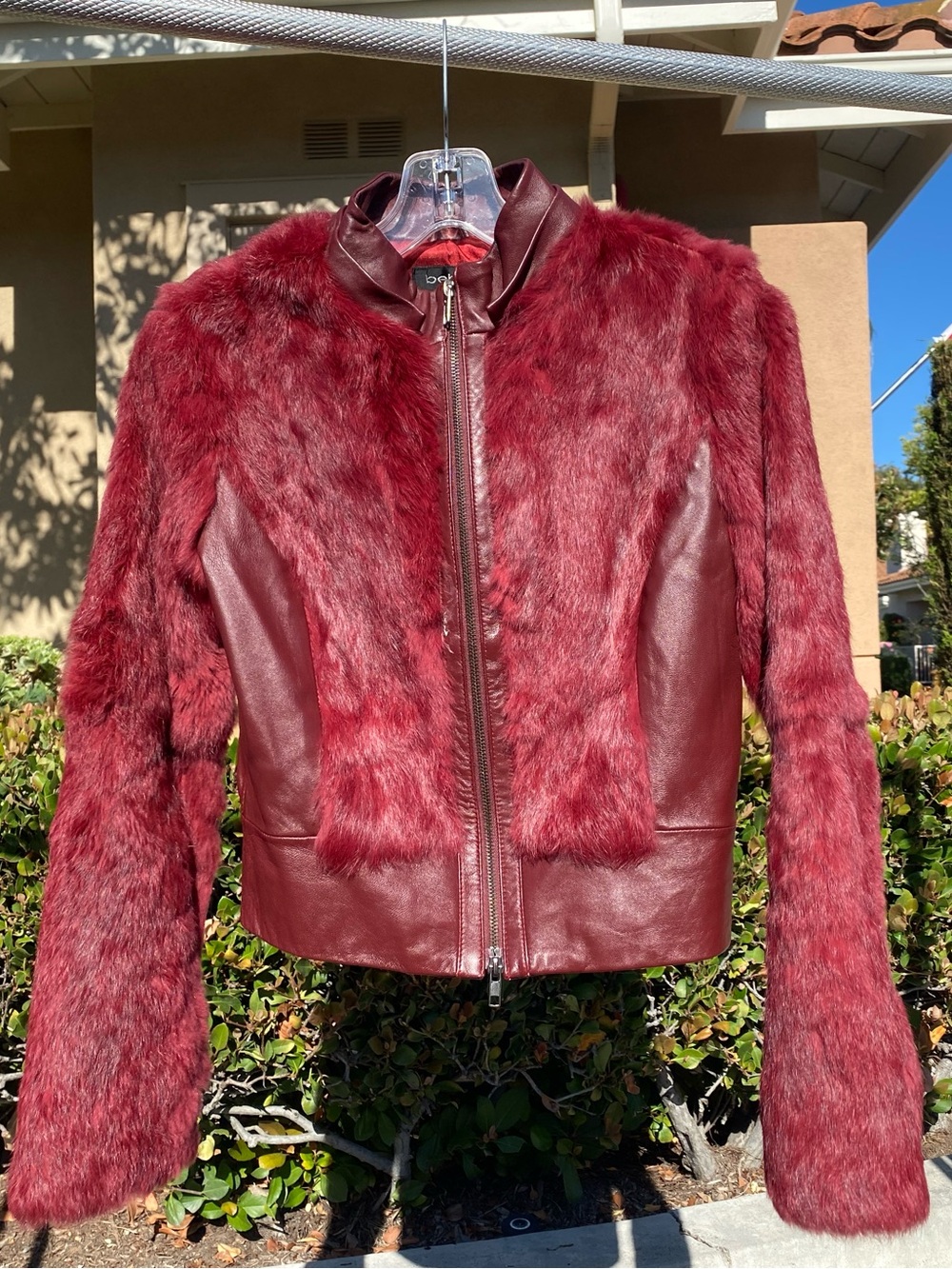 Y2K Bebe Real Rabbit Fur and Leather Cropped Zip Up Jacket
